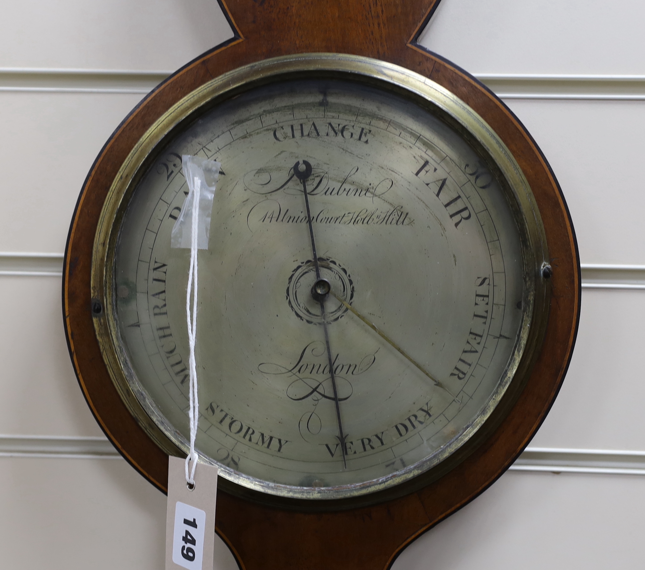 An early 19th century inlaid mahogany wheel barometer, marked Dubini, London, height 100cm